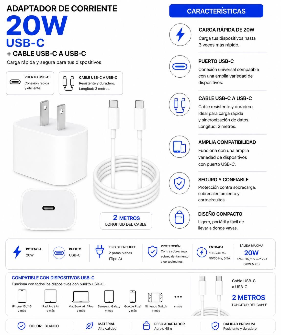 Apple - Pack cargador 20w + Cable Tipo C 2 metros